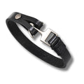 Mens black PU leather bracelet featuring a silver tone metal anchor hook clasp and sophisticated box