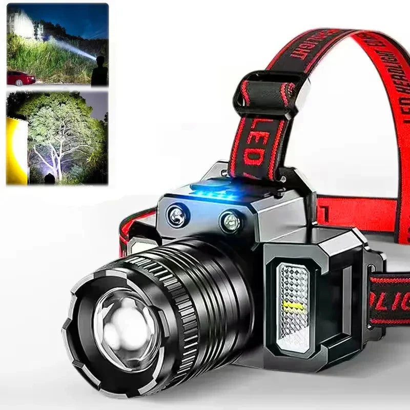 Black LED sensor rechargeable camping headlamp with adjustable head strap and multiple lighting panels. — view 2