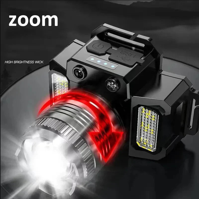 Black LED sensor rechargeable camping headlamp with adjustable head strap and multiple lighting panels. — view 5
