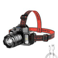 Black LED sensor rechargeable camping headlamp with adjustable head strap and multiple lighting panels.