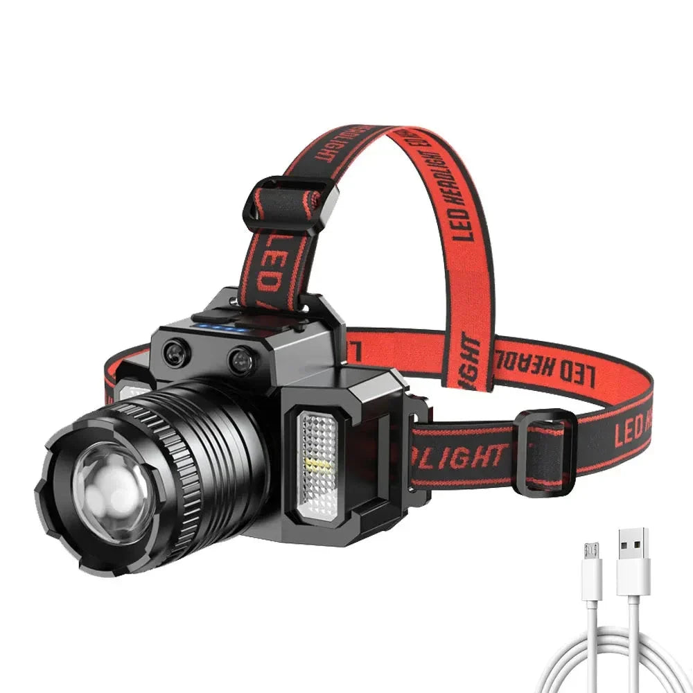 Black LED sensor rechargeable camping headlamp with adjustable head strap and multiple lighting panels.