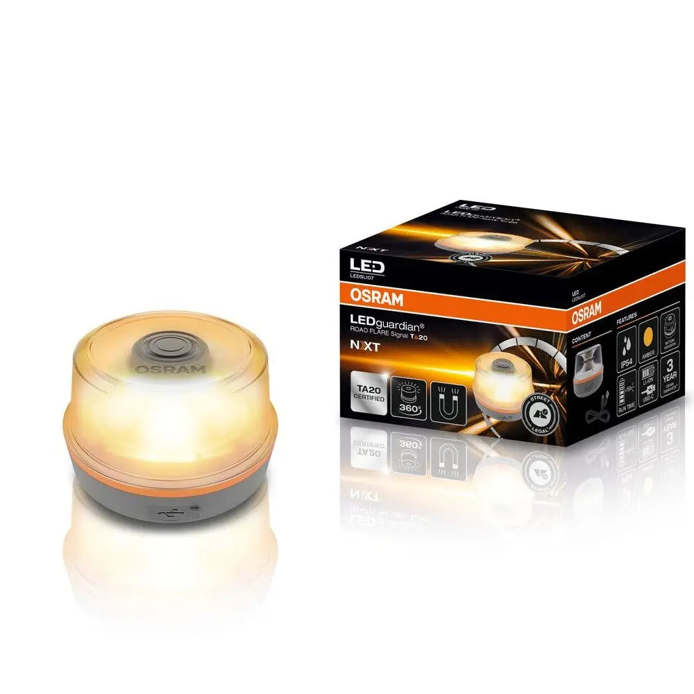Compact orange LED road flare emergency warning light with magnetic base for vehicle safety and visibility