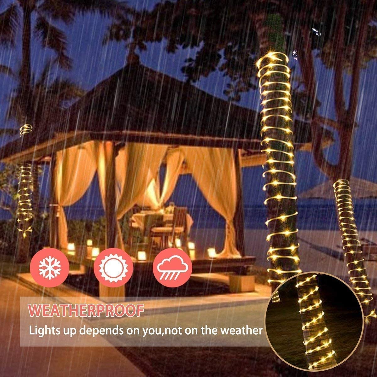 65.6FT flexible LED rope fairy string lights with wireless remote controller and waterproof tubing — view 4