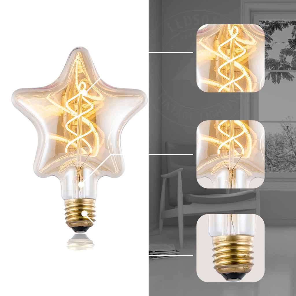 Vintage E27 LED star filament light bulb with transparent glass emitting a warm white ambient glow — view 3