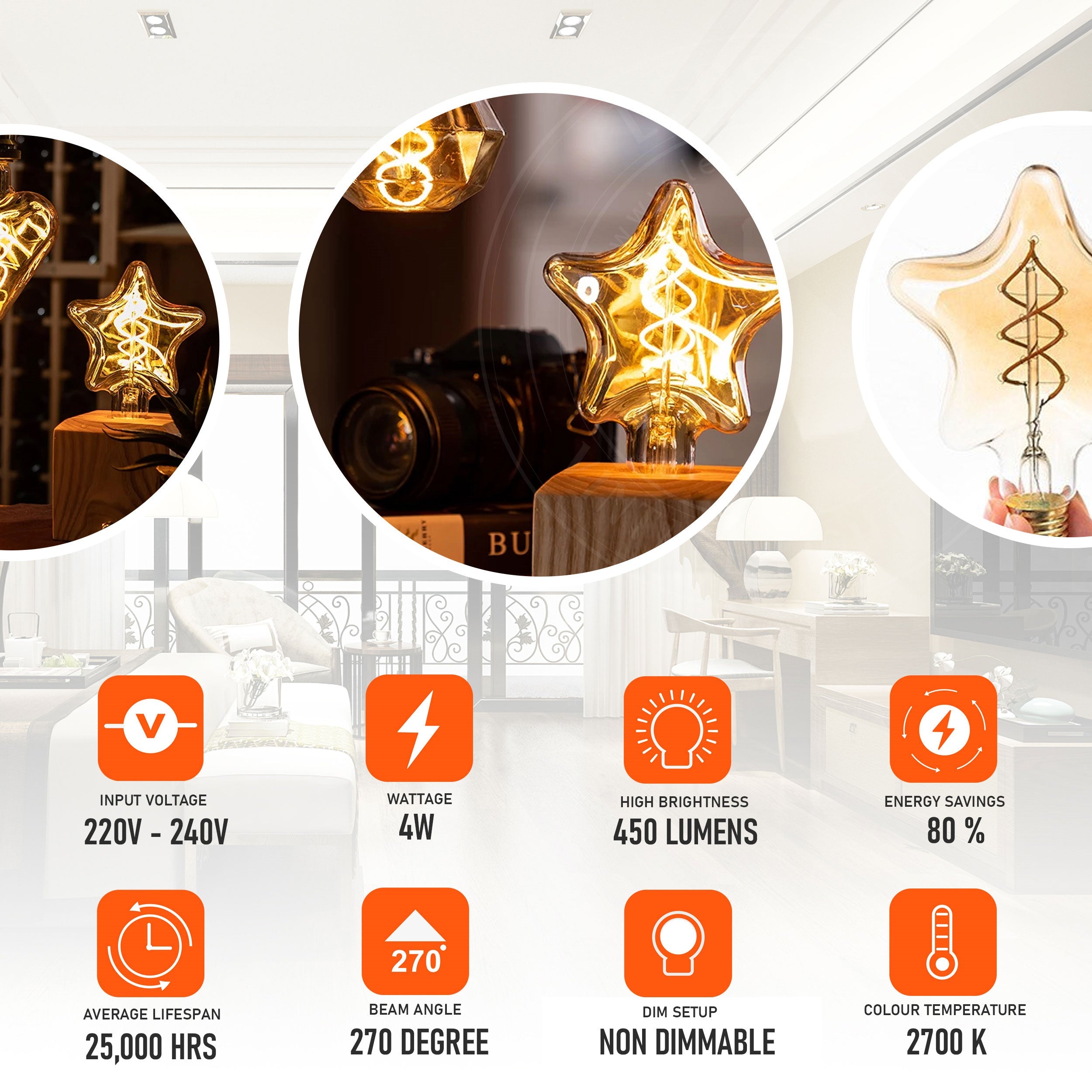 Vintage E27 LED star filament light bulb with transparent glass emitting a warm white ambient glow — view 5