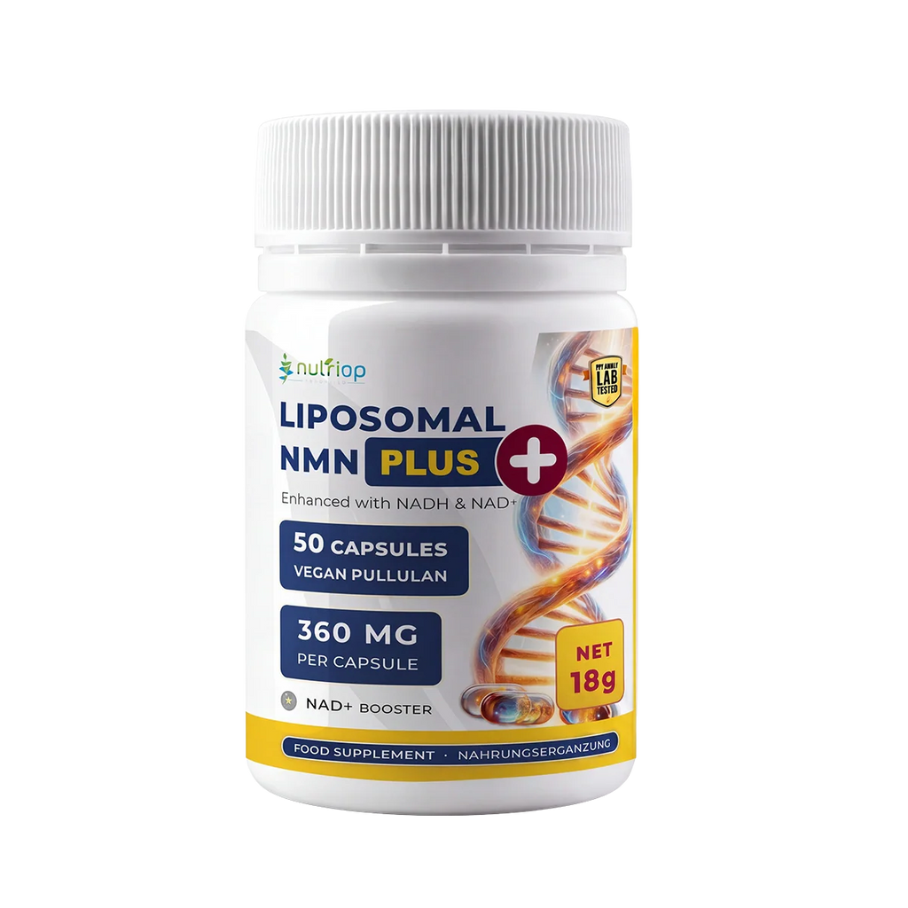 Nutriop Liposomal NMN PLUS+ NAD+ complex supplement bottle featuring 50 vegan capsules for cellular energy