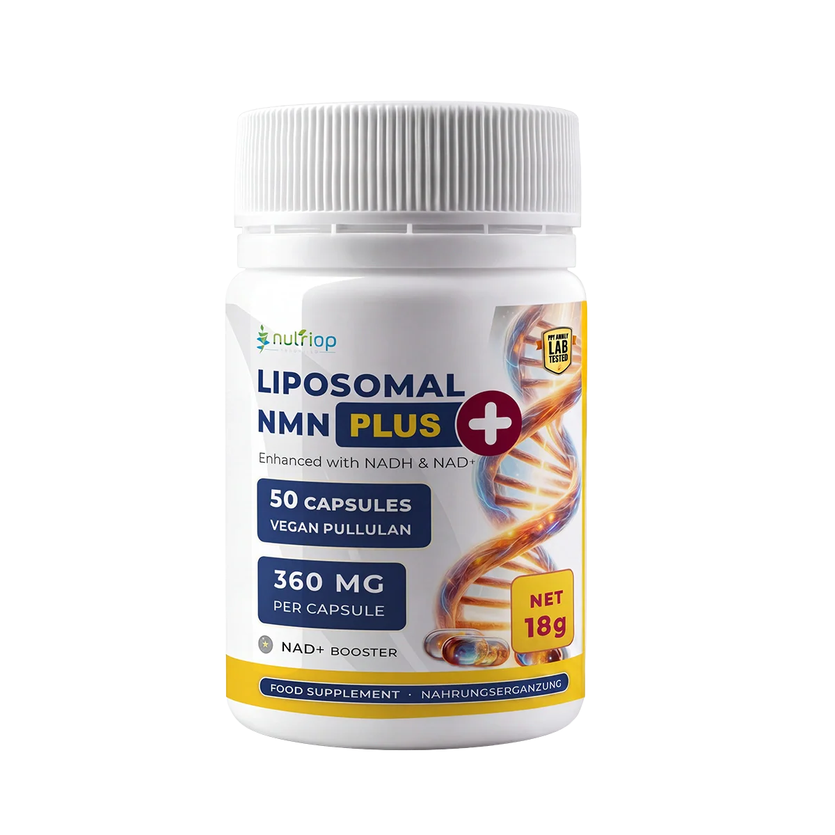 Nutriop Liposomal NMN PLUS+ NAD+ complex supplement bottle featuring 50 vegan capsules for cellular energy