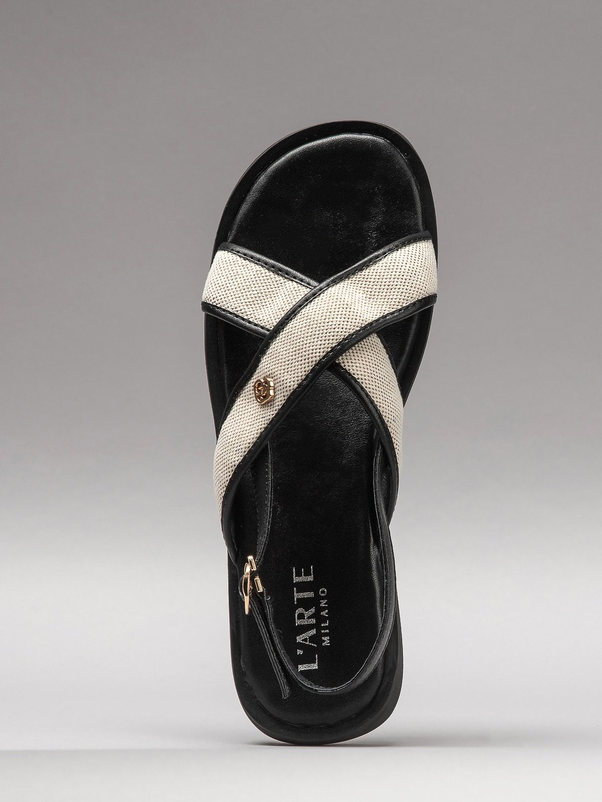 Elegant black leather women's sandals by L'ARTE MILANO, featuring comfortable textile details and supportive soles. — view 4