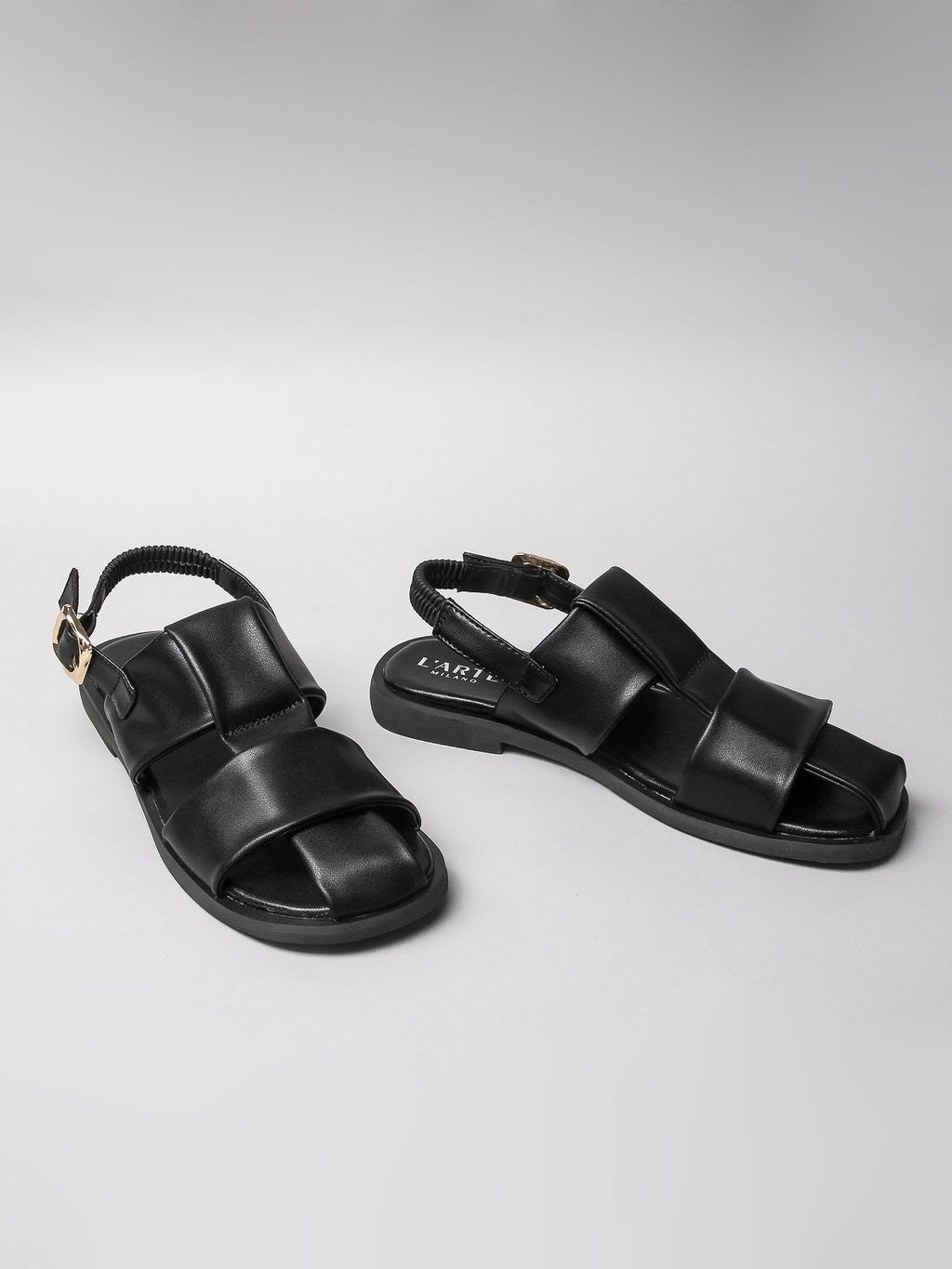 Women's black sandals by L'ARTE MILANO featuring an elegant design and durable synthetic sole — view 2