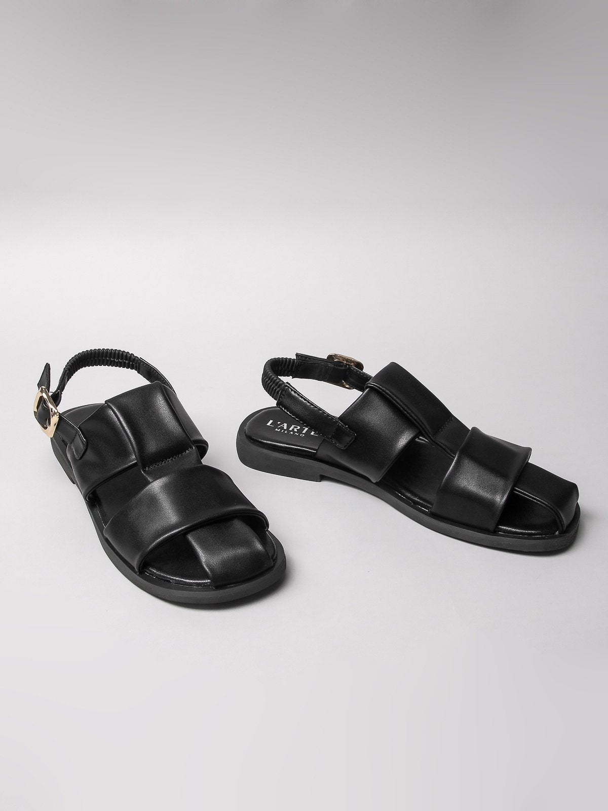 Women's black sandals by L'ARTE MILANO featuring an elegant design and durable synthetic sole — view 2