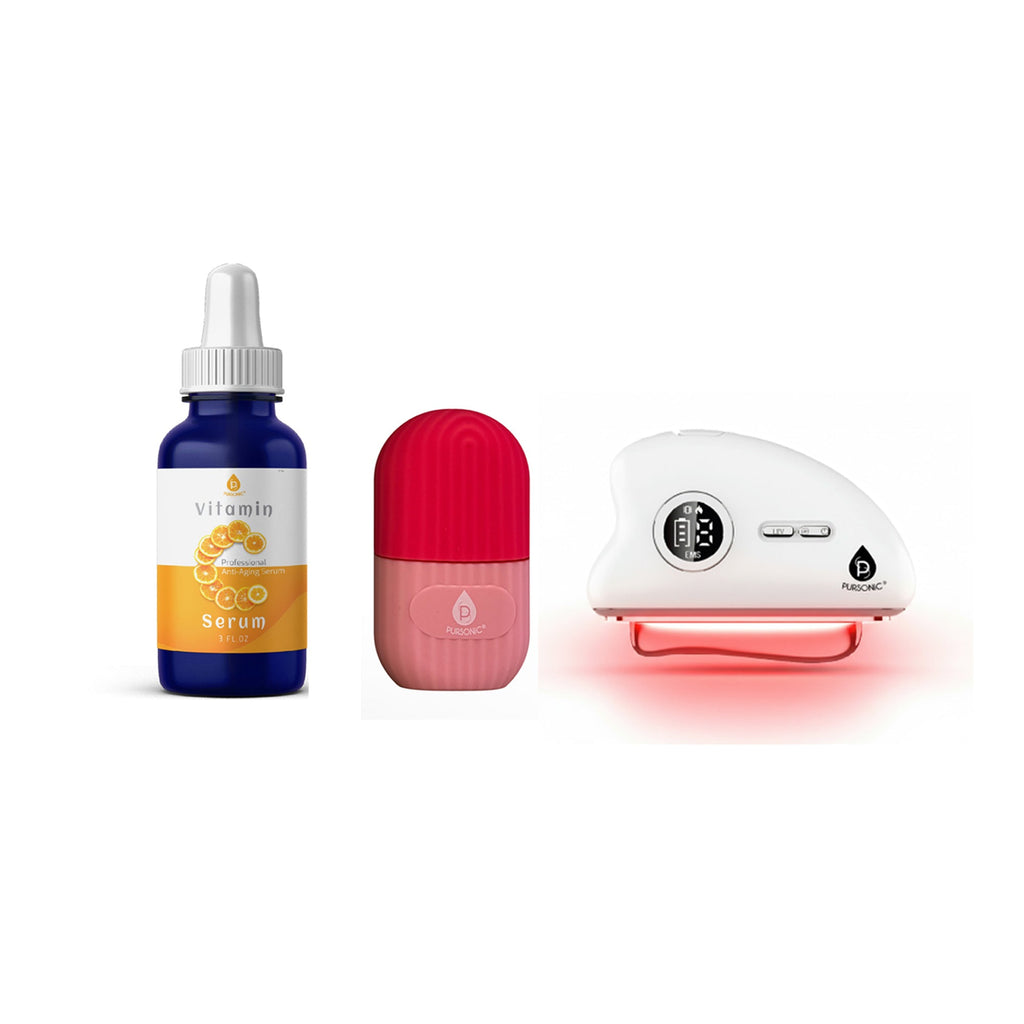 Radiance renewal skincare set with LED sculpting wand, cooling ice roller, and Vitamin C serum