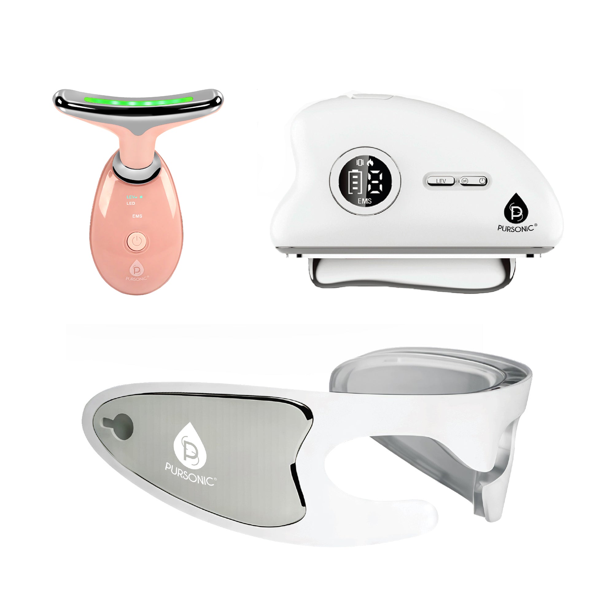 LED rejuvenation bundle with white facial sculpting wand, eye mask, and gua sha device.