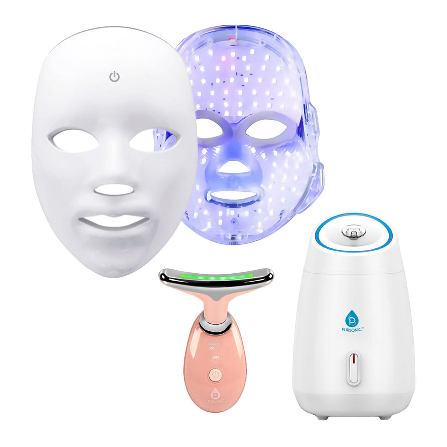 Pursonic Ultimate 3-in-1 LED Light Therapy & Facial Spa Bundle – 7-in-1 LED Face Mask + 7-in-1 LED Face & Neck Sculpting Wand + Facial Steamer