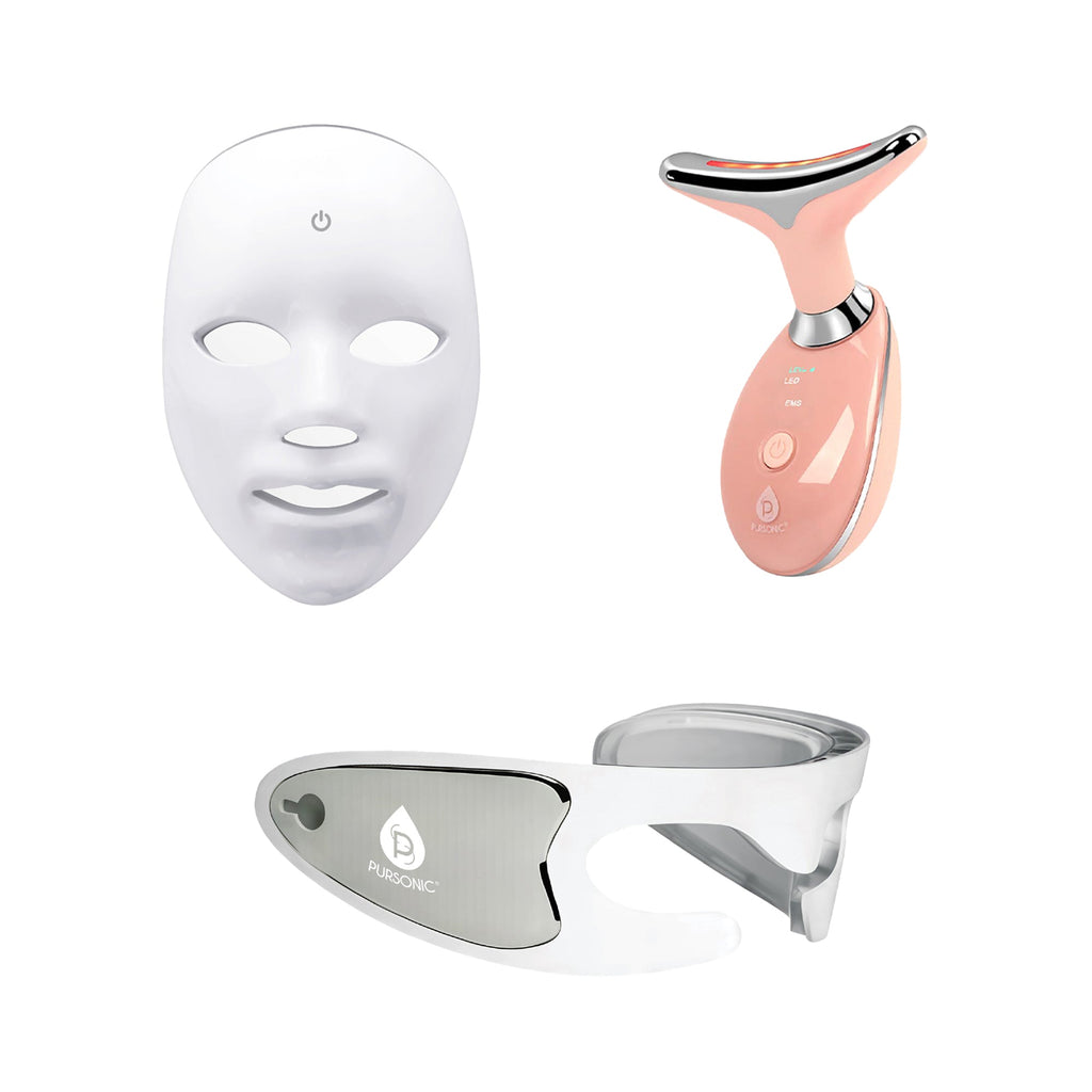 Ultimate LED skincare bundle featuring silicone face mask, eye mask, and sculpting facial wand