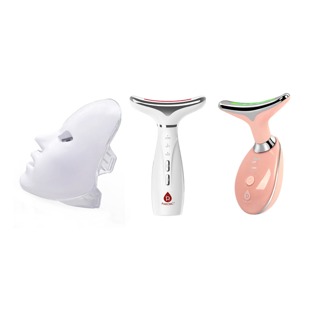 LED light therapy set featuring flexible silicone face mask and two ergonomic facial contouring wands