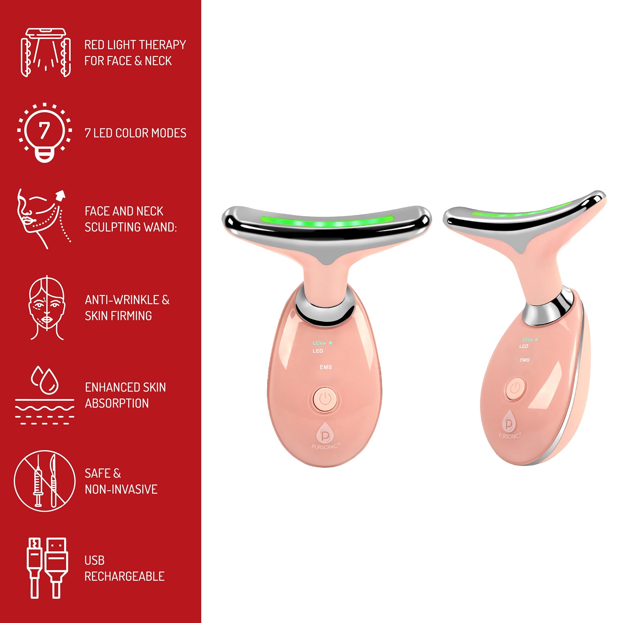 Pursonic 7-in-1 LED light therapy face and neck sculpting beauty wand device — view 2