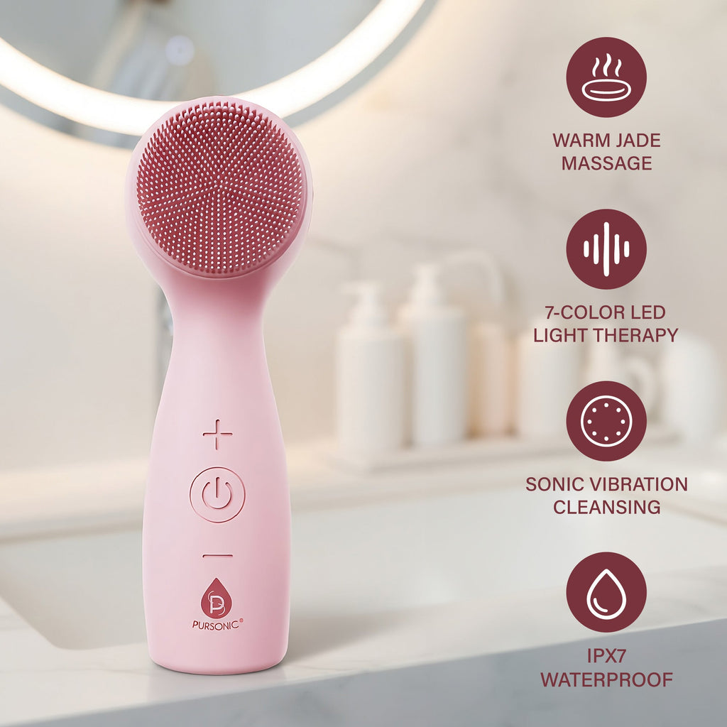 3-in-1 sonic facial cleanser with pink silicone brush and heated jade surface for LED therapy — view 2