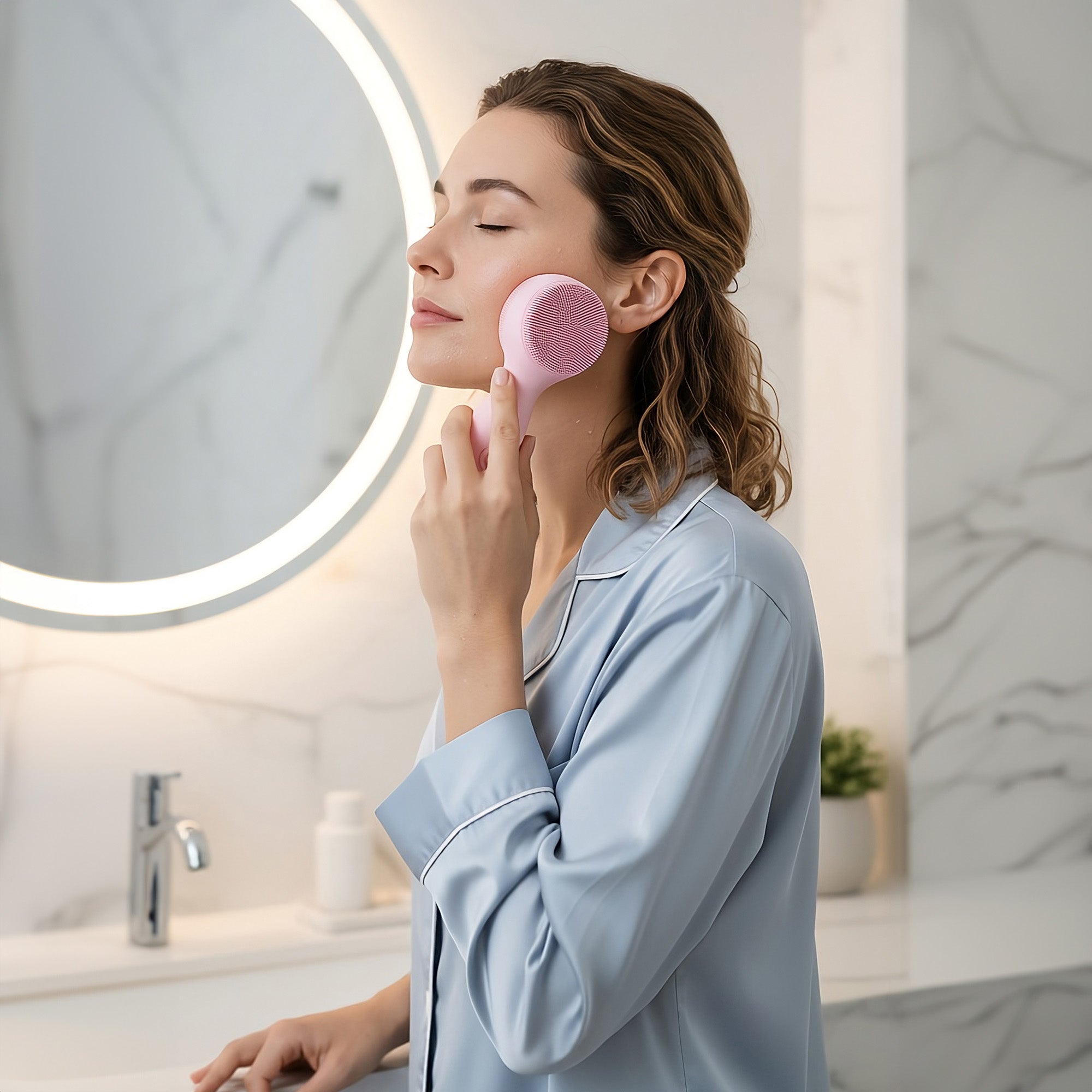 LED vanity mirror and sonic facial cleansing device set with dimmable lights and magnifying mirror — view 3