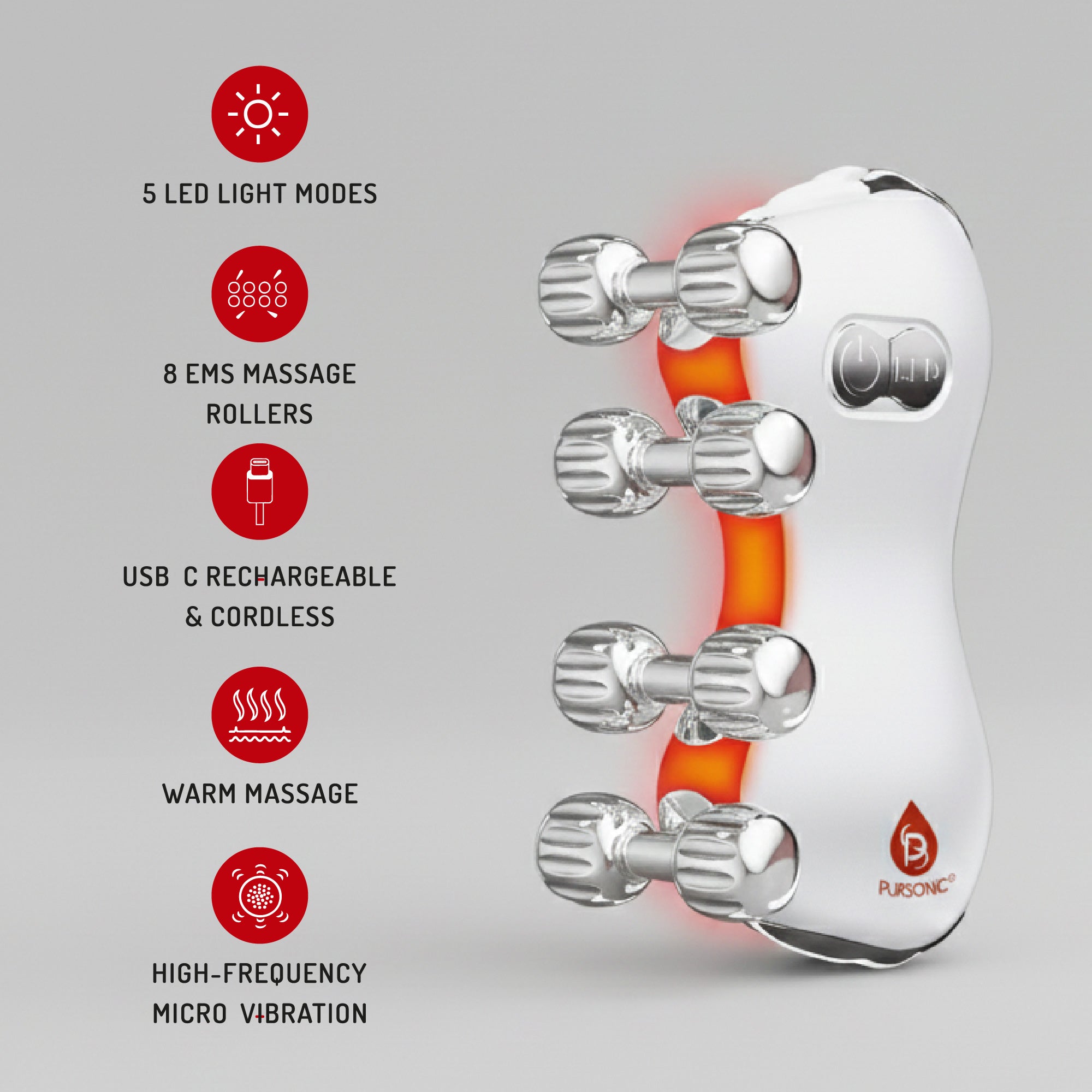 Ergonomic facial roller massager and silicone skin cleansing device with LED lights for anti aging skincare — view 3