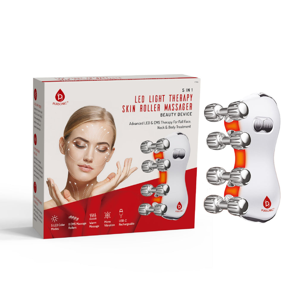 Ergonomic facial roller massager and silicone skin cleansing device with LED lights for anti aging skincare — view 2