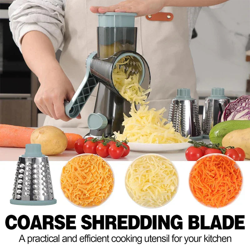 Blue 3-in-1 manual rotary cheese grater with interchangeable stainless steel slicer and shredder blades — view 3