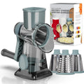 Blue 3-in-1 manual rotary cheese grater with interchangeable stainless steel slicer and shredder blades