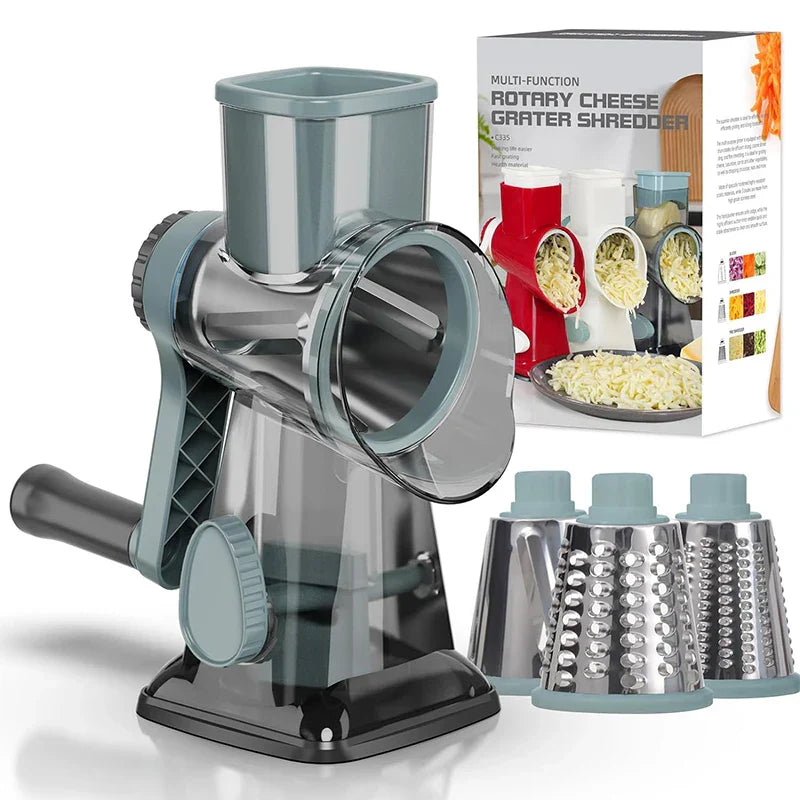 Blue 3-in-1 manual rotary cheese grater with interchangeable stainless steel slicer and shredder blades