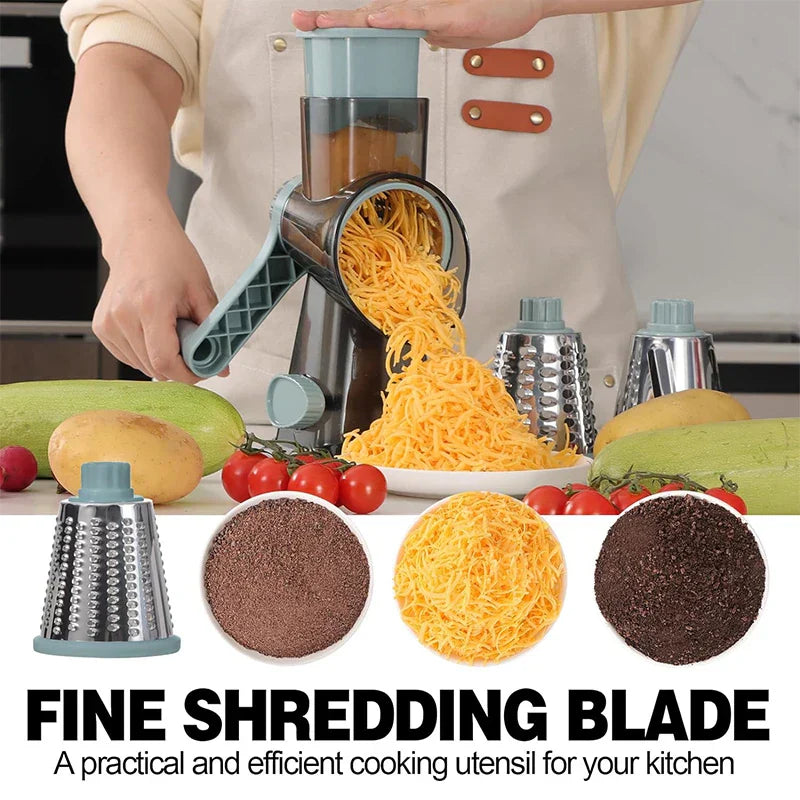 Blue 3-in-1 manual rotary cheese grater with interchangeable stainless steel slicer and shredder blades — view 2