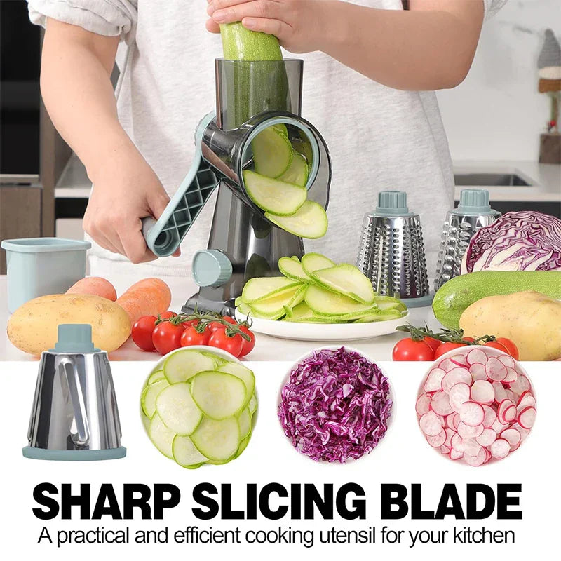 Blue 3-in-1 manual rotary cheese grater with interchangeable stainless steel slicer and shredder blades — view 4