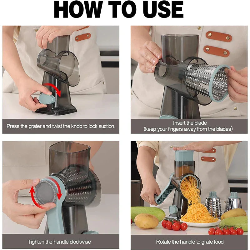 Blue 3-in-1 manual rotary cheese grater with interchangeable stainless steel slicer and shredder blades — view 5