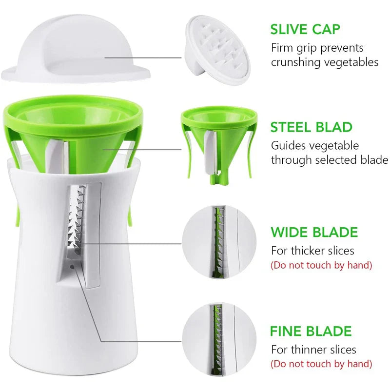 Heavy duty stainless steel vegetable spiralizer slicing a fresh green zucchini into curly vegetable pasta noodles — view 4