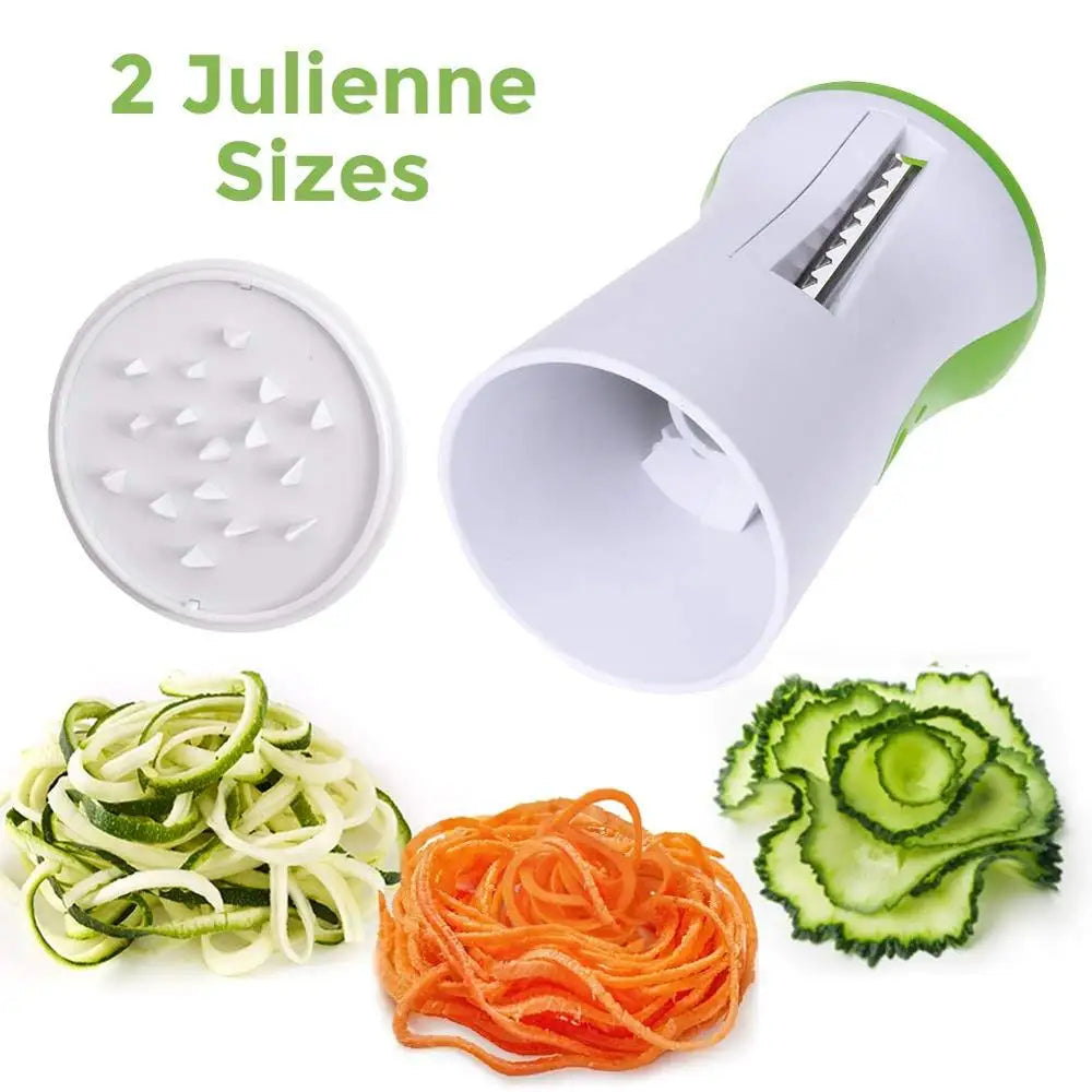 Heavy duty stainless steel vegetable spiralizer slicing a fresh green zucchini into curly vegetable pasta noodles — view 3