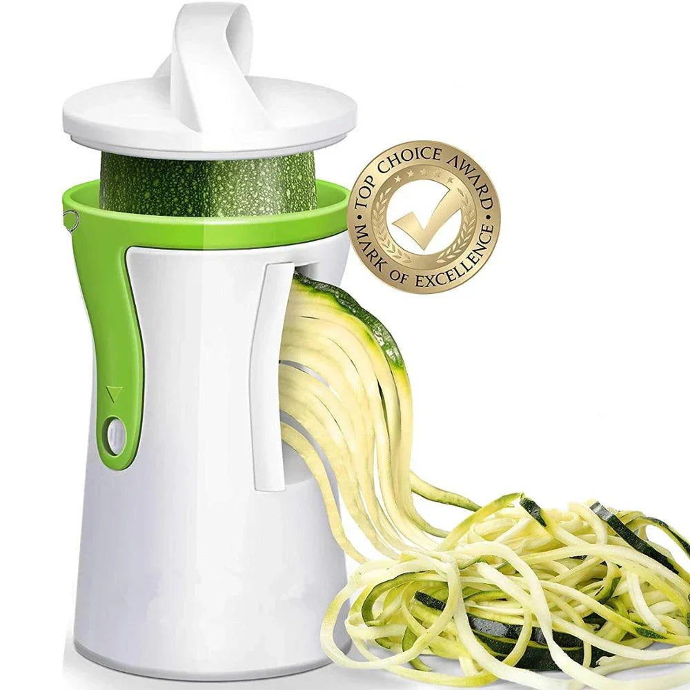 Heavy duty stainless steel vegetable spiralizer slicing a fresh green zucchini into curly vegetable pasta noodles — view 2