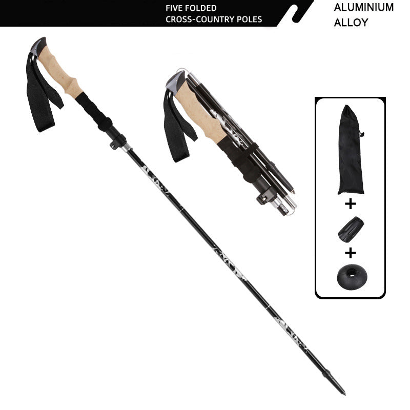 Adjustable aluminum trekking pole with cork handle and steel tip for outdoor hiking and mountaineering
