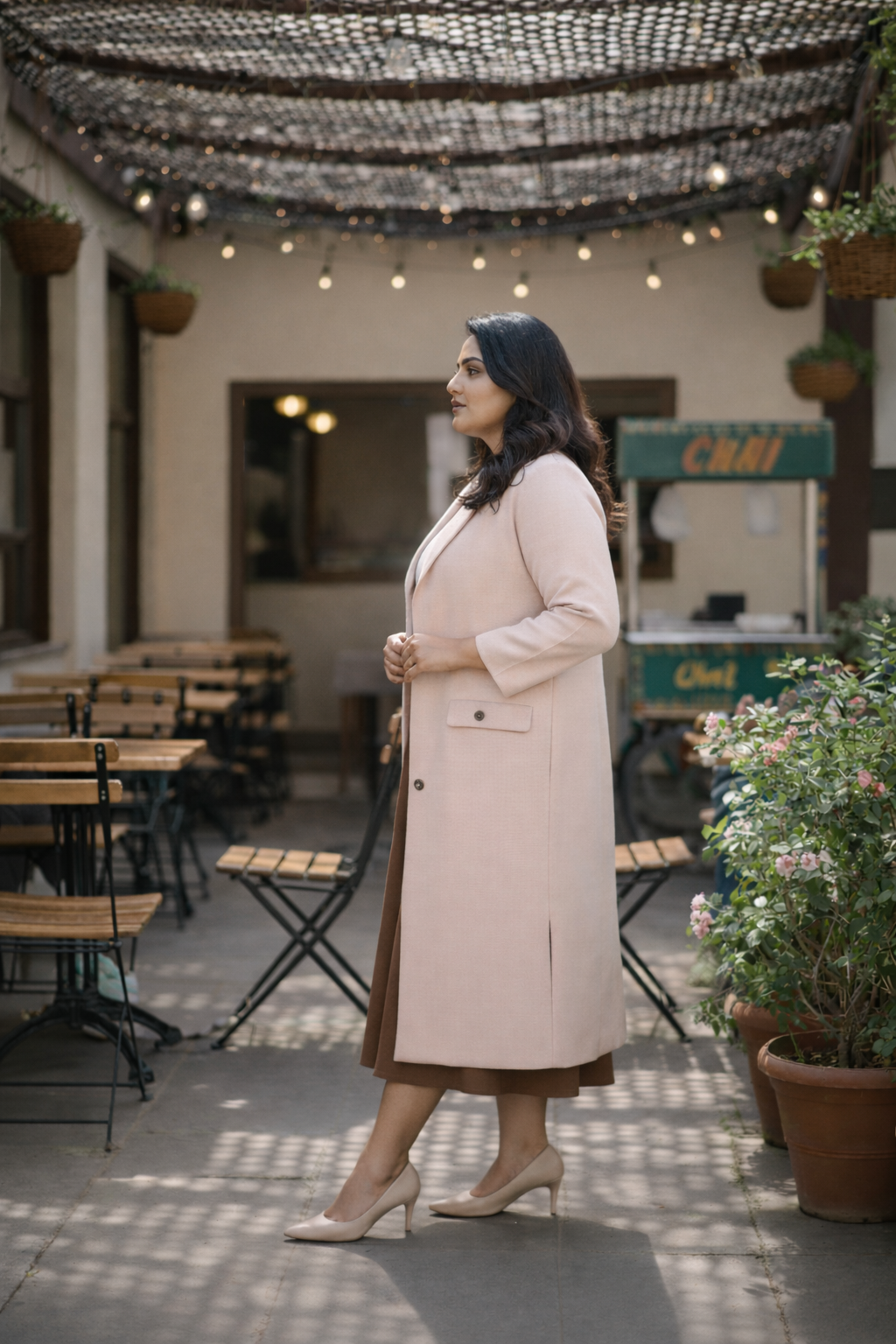 Plus size dust pink cotton slub longline blazer for women featuring single breasted button closure — view 4