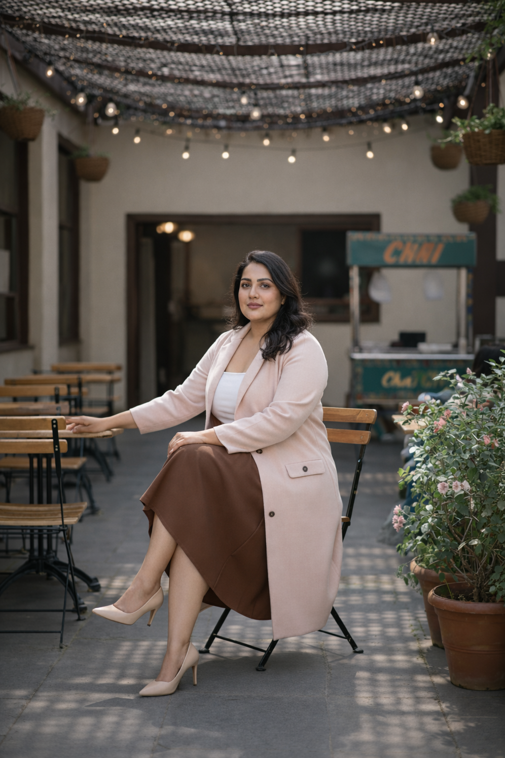 Plus size dust pink cotton slub longline blazer for women featuring single breasted button closure — view 3