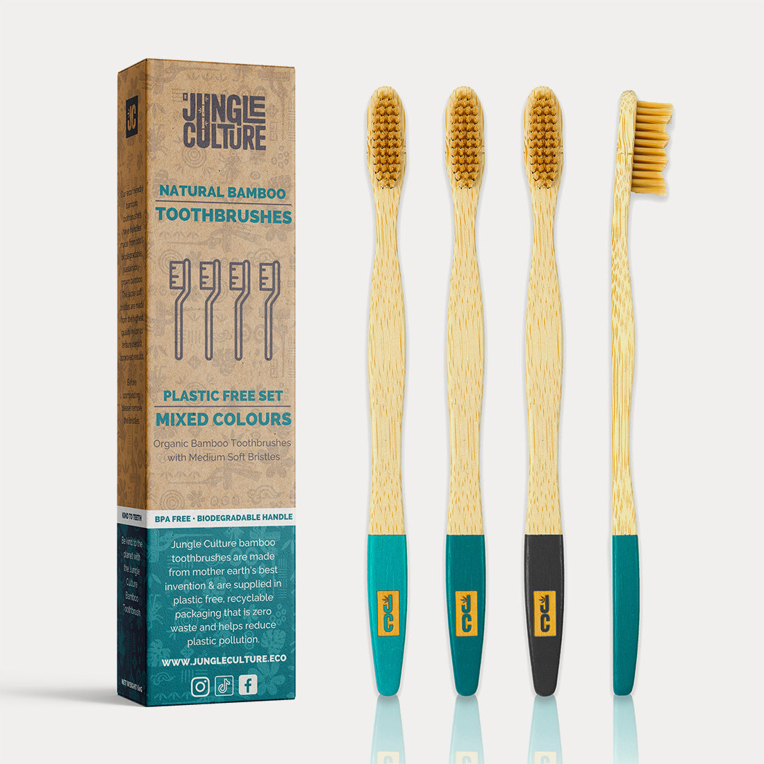 Set of four natural bamboo toothbrushes with soft bristles in zero waste kraft paper packaging — view 3