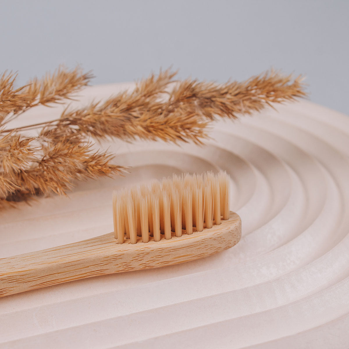 Set of four natural bamboo toothbrushes with soft bristles in zero waste kraft paper packaging — view 5