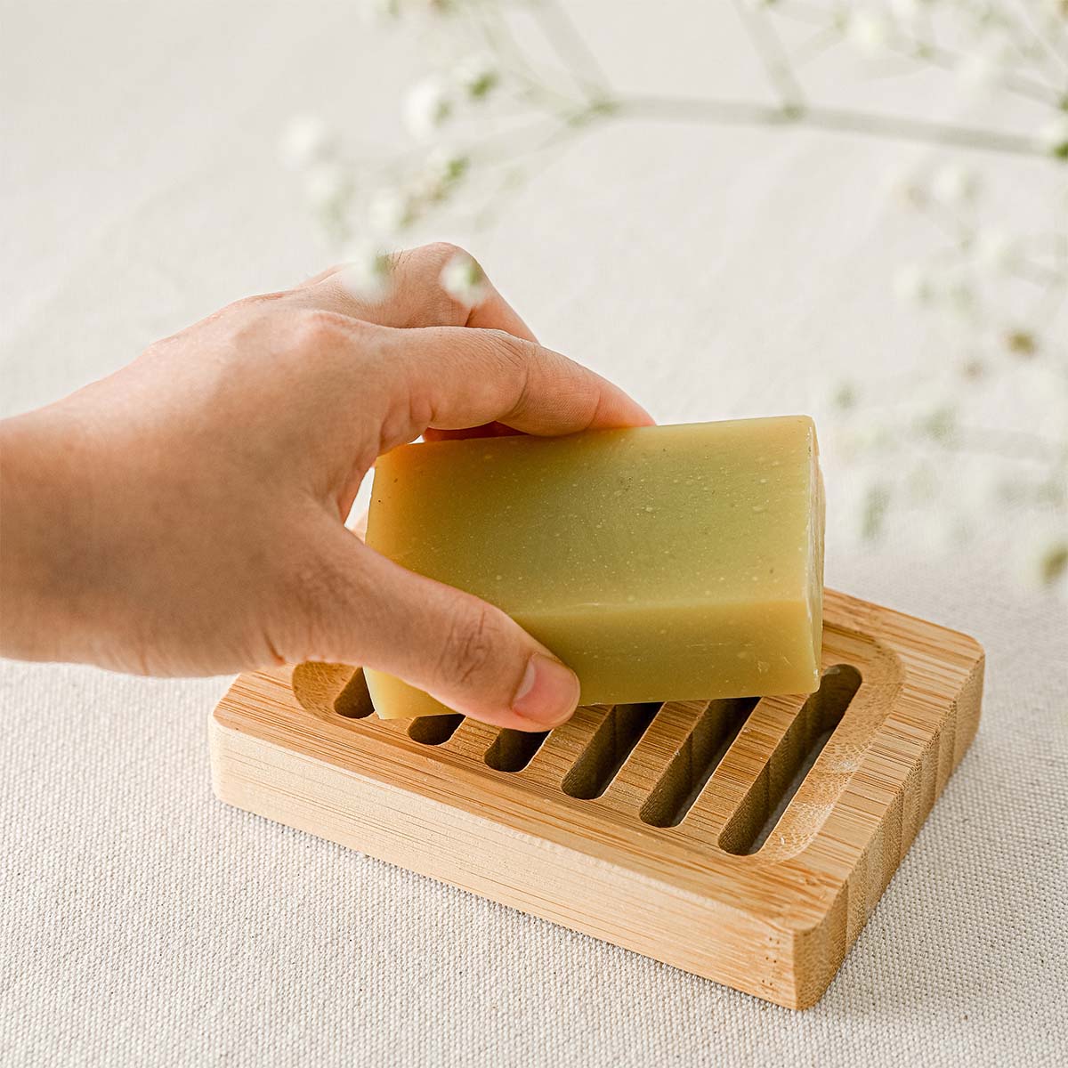 Natural wooden soap dish with horizontal drainage slots and non slip base for bathroom sinks — view 5