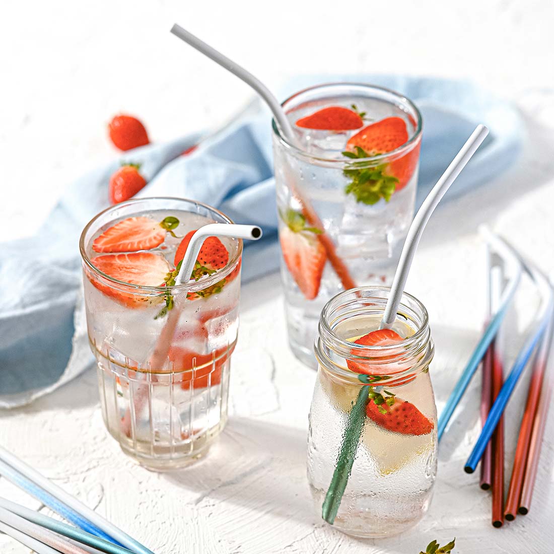 Ocean inspired stainless steel reusable straw set with natural jute pouch and cleaning brush