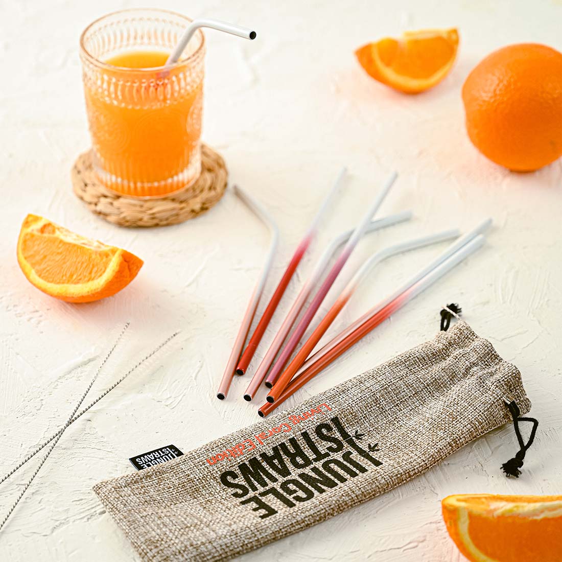 Ocean inspired stainless steel reusable straw set with natural jute pouch and cleaning brush — view 3