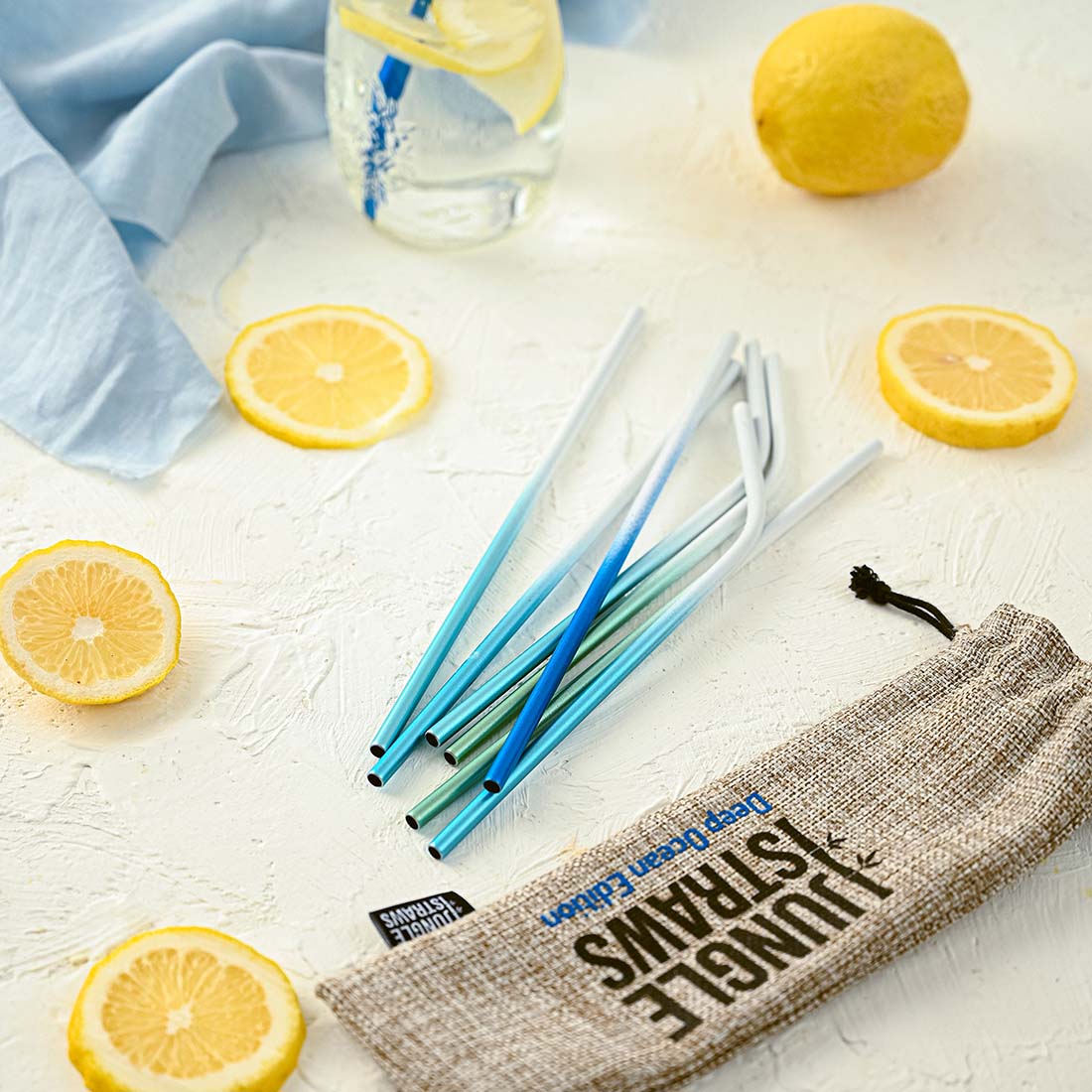 Ocean inspired stainless steel reusable straw set with natural jute pouch and cleaning brush — view 2