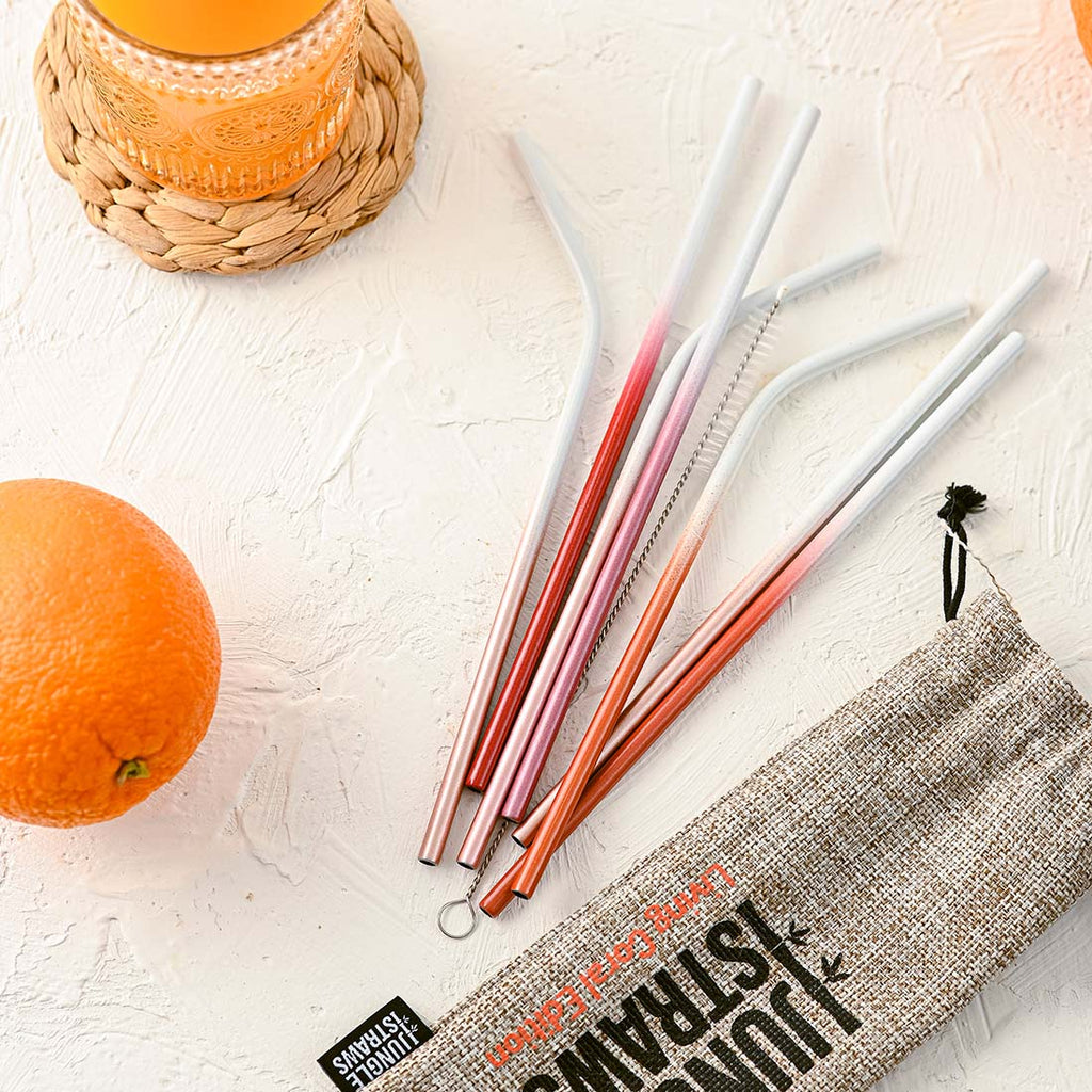 Ocean inspired stainless steel reusable straw set with natural jute pouch and cleaning brush — view 5