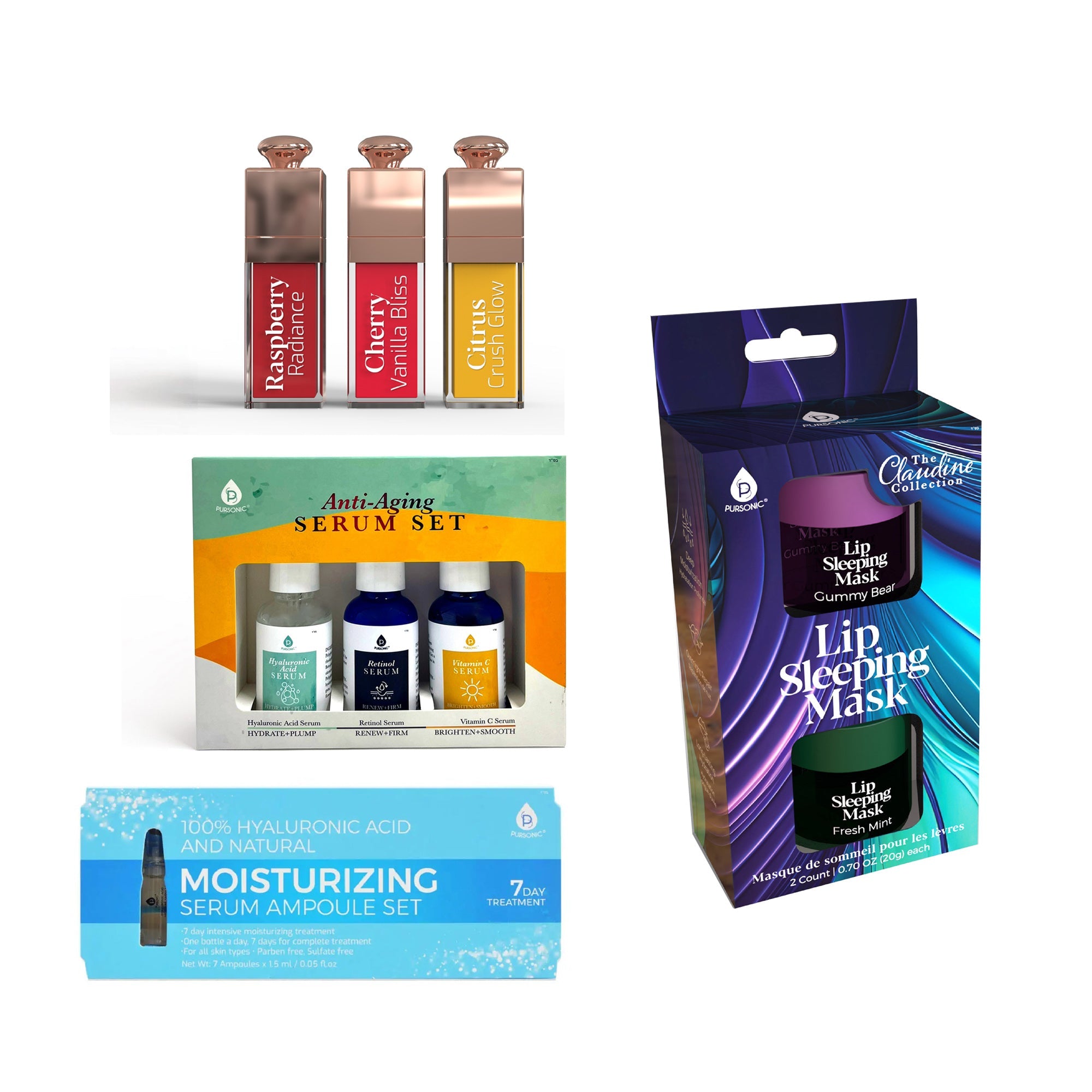 Ultimate glow skincare set featuring anti-aging serums, hydrating lip oils, and overnight lip mask