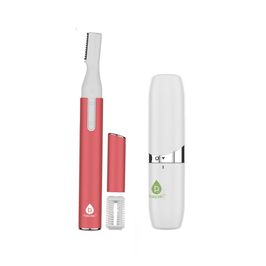 White Pursonic precision beauty duo electric facial shaver and eyebrow styling trimmer kit with comb attachments