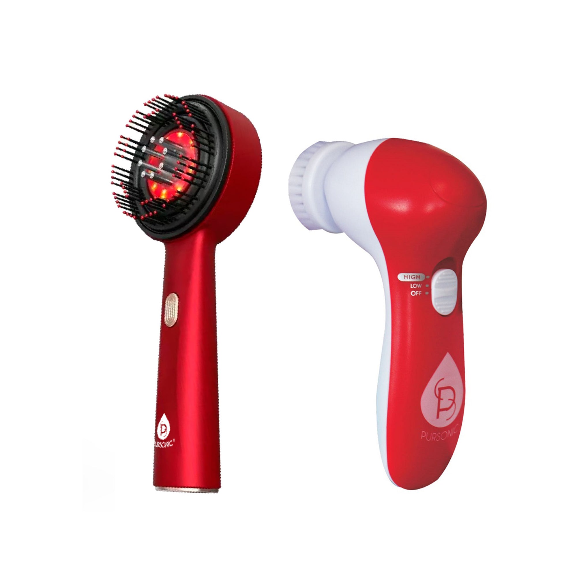 Pursonic red light LED scalp therapy brush and rotating facial cleansing device with attachments