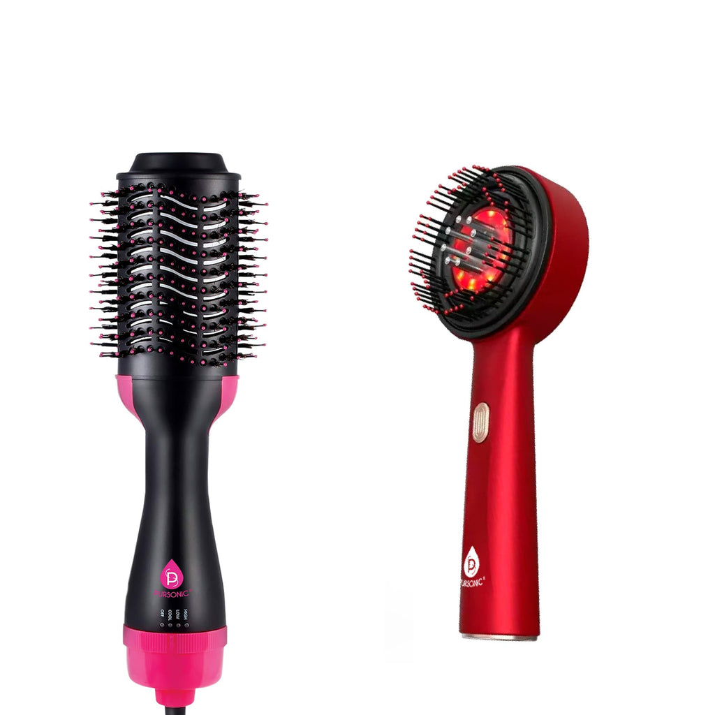 Ultimate hair care bundle featuring a black LED scalp therapy brush and volumizing hot air dryer
