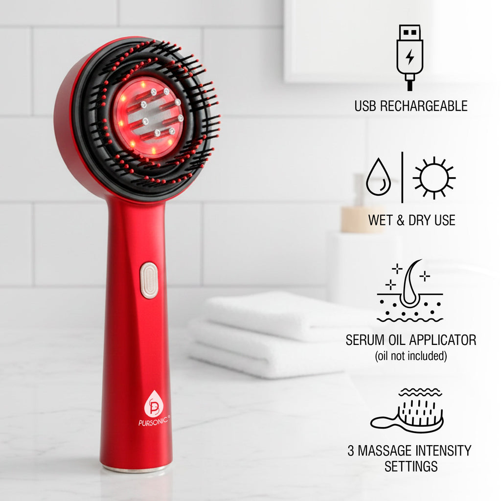 3-in-1 LED therapy scalp brush ergonomic handheld electric massager in black and red — view 2