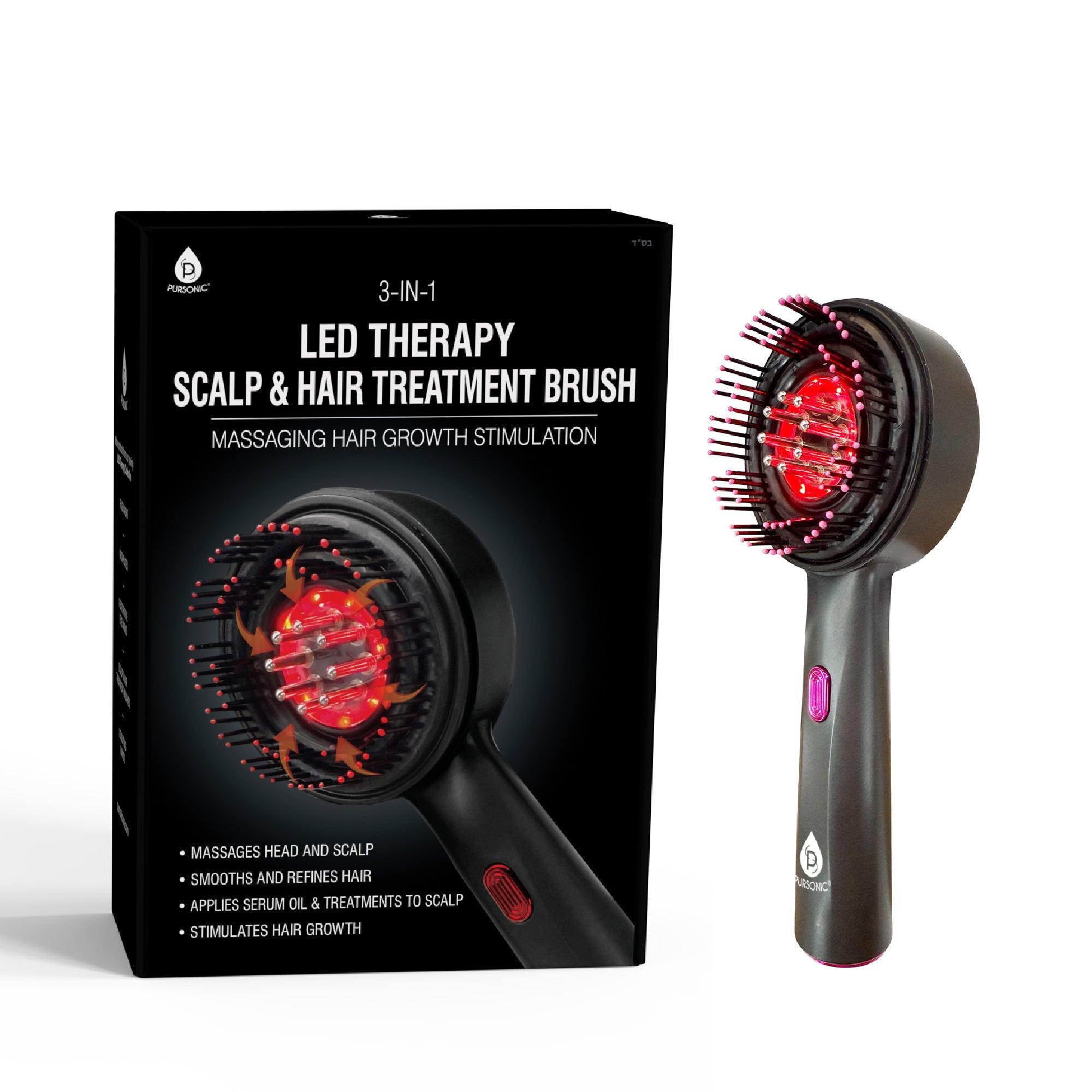 3-in-1 LED therapy scalp brush ergonomic handheld electric massager in black and red — view 5