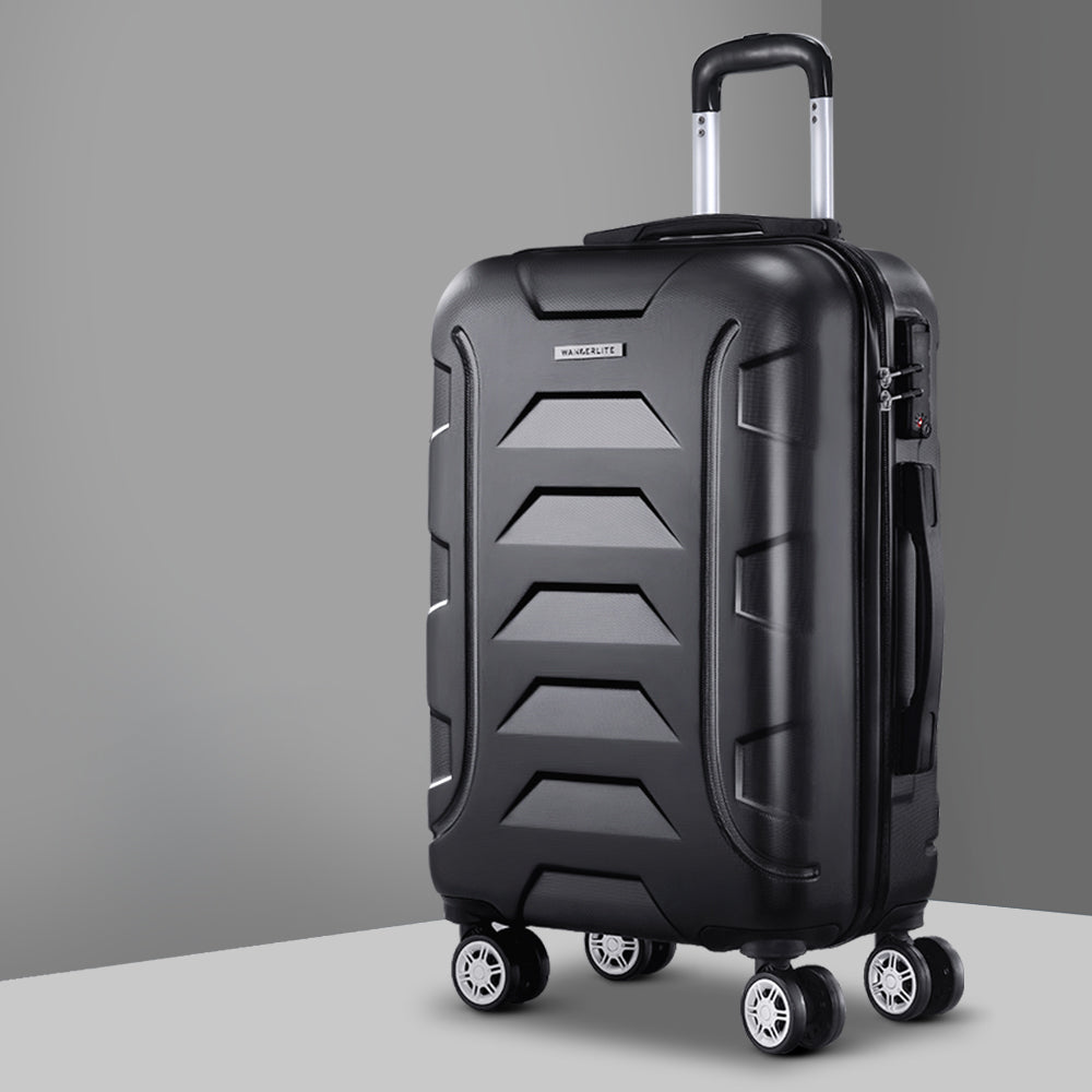 Wanderlite 20-inch black carry-on luggage with hard shell, spinner wheels, and retractable aluminium handle